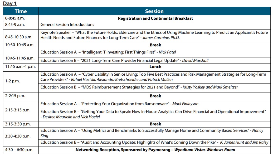Day 1 agenda for Fall Finance Conference 2021